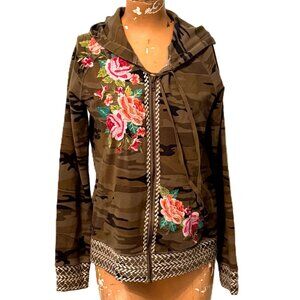 Johnny Was Green Camo Floral Embroidered Full Zip Hoodie Small Boho